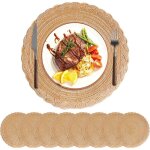 Lot de 8 sets de table ronds, lavables, style boh�me, r�sistants � la chaleur, 38 cm (kaki, fleur bord) ...