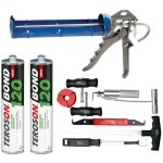 Lot pare brise: decoupe joint, colle, pistolet a colle