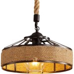 Lustre en corde de chanvre, lampe � suspension r�tro en m�tal noir, lustres suspensions en country, lumi�re ...
