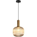 Lustre moderne, douille dor�e et abat - jour en verre ambr�, suspension led