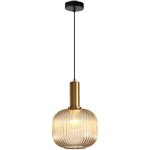 Lustre moderne, douille dore avec abat - jour en verre ambr, suspension led