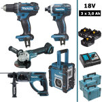Makita pack 5 machines 18v : ddf482 + dtd152 + dga504 + dhr202 + dmr108n + 3 batteries 3ah, chargeur ...