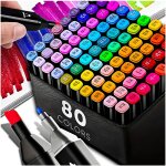 Marqueurs � alcool, flaps, surigneurs, stylos � double pointe, lot de 80 pi�ces + sac