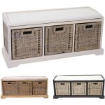 Mendler - banc / banquette bienne, avec 3 paniers de rangement, bois / osier, 112x37x46cm