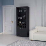 Meuble bar en m�lamine nebo avec 4 �tag�res, 2 portes, 10 porte - bouteilles et 8 porte - verres, noir, ...