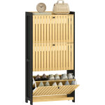 Meuble � chaussures 18 paires avec 3 tiroirs rabattables. portes en bambou � lattes. 60x24x118cm. noir ...