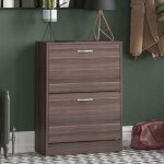 Meuble à chaussures 2 tiroirs pour entrée, armoire de rangement pratique h 80 x l 60 x p 24 cm, noyer ... Meuble à chaussures 2 tiroirs pour entrée, armoire de rangement pratique h 80 x l 60 x p 24 cm, noyer ...