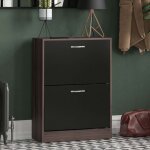 Meuble à chaussures 2 tiroirs pour entrée, armoire de rangement pratique h 80 x l 60 x p 24 cm, noyer ... Meuble à chaussures 2 tiroirs pour entrée, armoire de rangement pratique h 80 x l 60 x p 24 cm, noyer ...