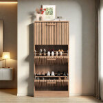 Meuble � chaussures 24 paires - 3 portes - design industriel ? bois massif - naturel