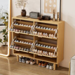 Meuble � chaussures � 4 tiroirs basculants, commode � chaussures en rotin avec poign�es m�talliques, ...