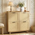 Meuble � chaussures en bois massif avec cannage en rotin - 2 portes basculantes, 12 paires - naturel ...