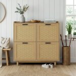 Meuble � chaussures en bois massif et rotin cannage, armoire de rangement 4 portes abattantes avec �tag�re, ...