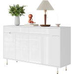 Meuble � chaussures moderne blanc et or avec 2 portes, 2 tiroirs et �tag�res r�glables