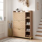 Meuble � chaussures nordique avec 3 abattants, finition ch�ne, 4 �tag�res ouvertes lat�rales, design ...