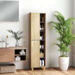 Meuble colonne salle de bain, armoire de salle de bain avec 6 compartiments ouverts et 2 placards, bois ...
