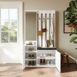 Meuble d?entr�e avec miroir, banc chaussures rembourr� et rangement coulissant