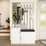 Meuble d'entr�e multifonctionnel avec miroir, banc et porte - manteau, coussin d'assise amovible, 100x40x180cm ...