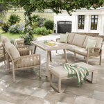 Meuble de jardin 7 places modulable, 2 fauteuils + canap� 3 places, coussins 8 cm, table verre effet ...