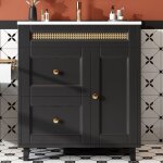 Meuble - lavabo sur pied avec vasque en c�ramique ? portes � fermeture amortie et glissi�res silencieuses, ...