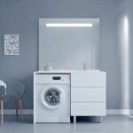 Cuisibane ? meuble machine � laver kora ? plan vasque d�port�e 124 cm ? miroir led 1000 lumens ? blanc ...
