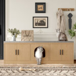 Meuble multifonction ch�ne 140x40x45, 5 cm avec zone bac � liti�re ventil�e et �tag�res r�glables