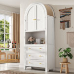 Meuble de rangement haut arqu� ? tiroirs portes, �tag�res cintr�es blanches ? exposition ouverte