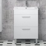 Meuble de salle de bain avec 1 vasque 60 cm meuble blanc sur le sol - 2 tiroirs