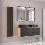 Meuble de salle de bains 120 cm - 2 vasques carres et colonne - chne naturel et noir mat - uby