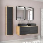 Meuble salle de bains 120cm - vasques carrees - miroirs led et colonne - chene naturel et noir - uby Meuble salle de bains 120cm - vasques carrees - miroirs led et colonne - chene naturel et noir - uby