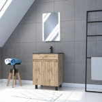 Meuble salle de bain 60x80 - finition chene naturel - vasque noire + miroir led - timber 60 - pack02
