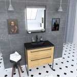 Aurlane - meuble de salle de bain 80x50cm - 2 tiroirs chêne brun - vasque résine noire effet pierre - ... Aurlane - meuble de salle de bain 80x50cm - 2 tiroirs chêne brun - vasque résine noire effet pierre - ...