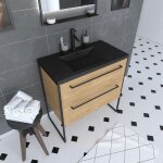 Aurlane - meuble de salle de bain 80x50cm chne brun - 2 tiroirs chne brun - vasque rsine noire effet ...