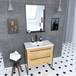 Aurlane - meuble de salle de bain 80x50cm - vasque blanche - 2 tiroirs finition chêne naturel + miroir ... Aurlane - meuble de salle de bain 80x50cm - vasque blanche - 2 tiroirs finition chêne naturel + miroir ...