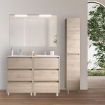 Meuble de salle de bain sur pied 120 cm en bois naturel avec vasque int�gr� - nova - avec double colonne ...