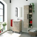 Meuble de salle de bain au sol 50 cm 2 portes ch�ne avec miroir et lavabo encastr� ? oxford - ch�ne clair ...