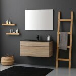 Meuble de salle de bain suspendu 100cm en chne well avec lavabo en noir mat sole