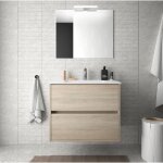 Meuble de salle de bain suspendu 70 cm en bois naturel avec vasque int�gr� - nova - avec colonne