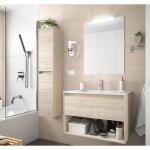 Caesaroo - meuble de salle de bain suspendu 80 cm en bois de ch�ne cal�donien avec lavabo encastr� - ...