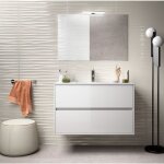 Abitare - meuble de salle de bain suspendu 90 cm en bois blanc brillant avec vasque intgr - nova - ...