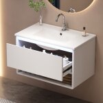 Meuble sous lavabo suspendu avec vasque en c�ramique int�gr�e, tiroir et niche ouverte, �clairage led ...