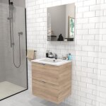 Meuble sous - vasque 2 tiroirs malaga 60 cm + vasque + miroir / d�cor ch�ne blanchi /