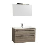 Meuble sous - vasque 90cm + vasque + miroir + éclairage maia / décor chêne clair grisé / Meuble sous - vasque 90cm + vasque + miroir + éclairage maia / décor chêne clair grisé /