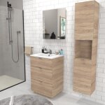 Meuble sous vasque malaga 60 cm + vasque + miroir + colonne / d�cor ch�ne blanchi /