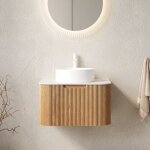 Meuble sous vasque suspendu 61 cm, avec lavabo en c�ramique blanche et plan en marbre carrara ? corps ...