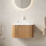 Meuble sous vasque suspendu 61 cm, avec vasque en verre transparent rond et plan en marbre ? arrondis ...