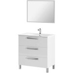 Meuble sous - vasque  trois tiroirs avec miroir avec cadre, couleur blanc brillant, 80 x 86 x 45 cm