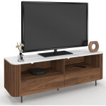 Meuble tv 140 cm marla noyer effet lattes 2 tiroirs et plateau marbre blanc alaska