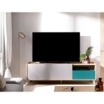 Meuble tv 155x43x47 cm chêne naturel, gris émeraude et blanc mat avec un abattant et un tiroir - cecina ... Meuble tv 155x43x47 cm chêne naturel, gris émeraude et blanc mat avec un abattant et un tiroir - cecina ...