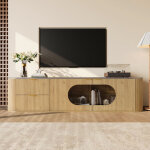 Meuble tv 170 cm moderne minimaliste effet bois, avec portes 3d verticales, vitrine ovale en verre gris, ...