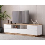 Meuble tv 180 cm en blanc avec effet bois et design bloc de couleur, meuble sous tv moderne, 180x38x46cm ...